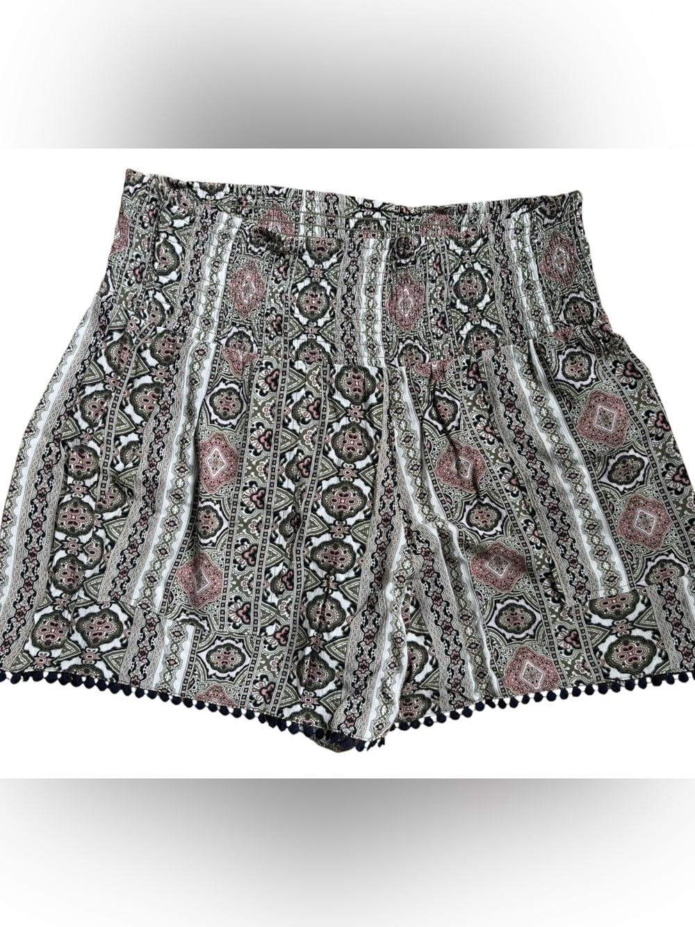 Women's medium boho shorts with geometric pattern in lightweight rayon.